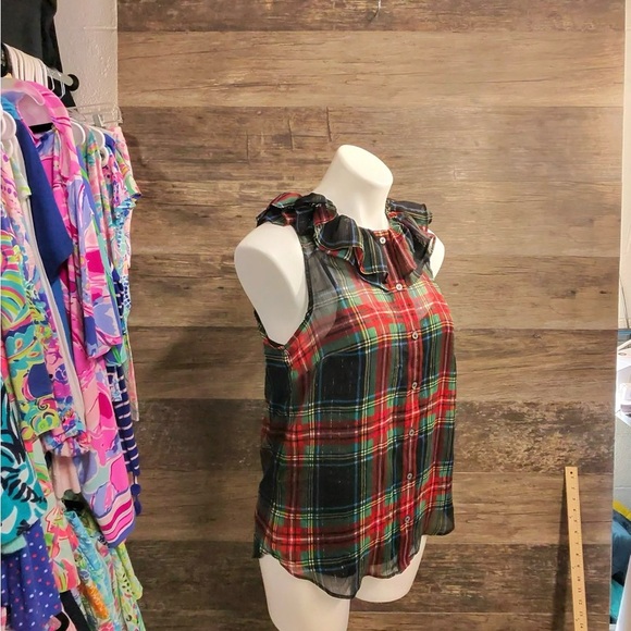 J. Crew Ruffled Red and Green Plaid Sleeveless Tank Top - Picture 2 of 11